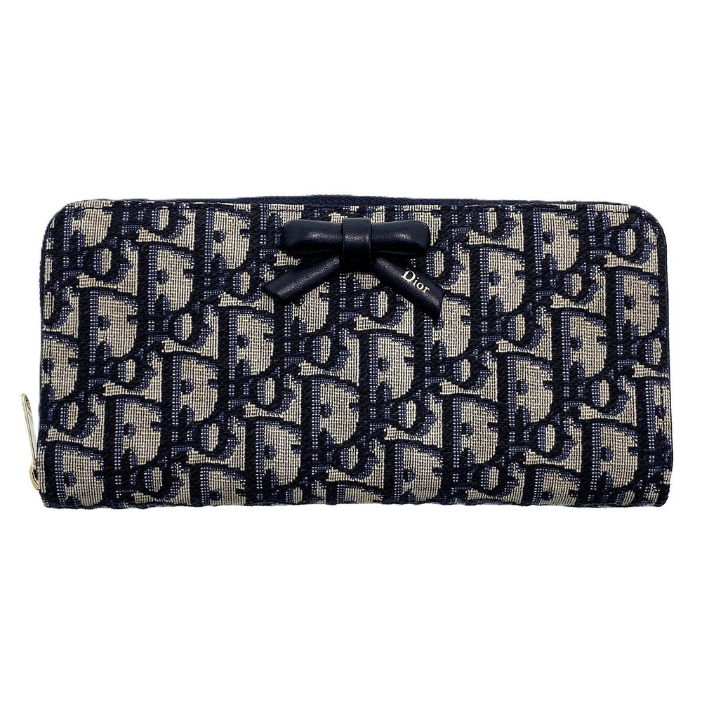 Dior Oblique Bow Voyageur Slim Wallet Long Calf Technical Navy Blue